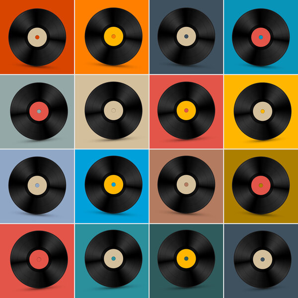 Retro, Vintage Vector Vinyl Record Disc Set on Colorful Background