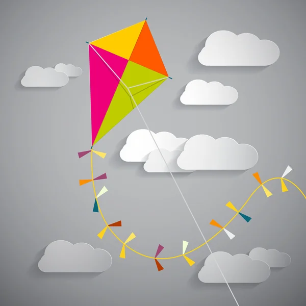 Cerf-volant en papier sur ciel avec nuages - Illustration vectorielle — Image vectorielle