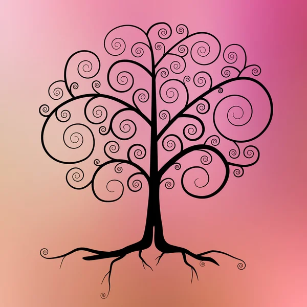 Abstract Vector Black Tree Illustration on Violet - Pink - Orange Blurred Background — Stock Vector