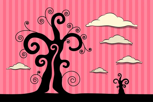 Abstract Vector Black Trees Illustration with Clouds on Pink Cardboard Background — Stock Vector