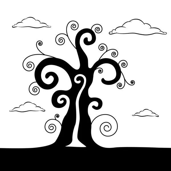 Abstract Vector Black Tree Illustration with Clouds — стоковый вектор