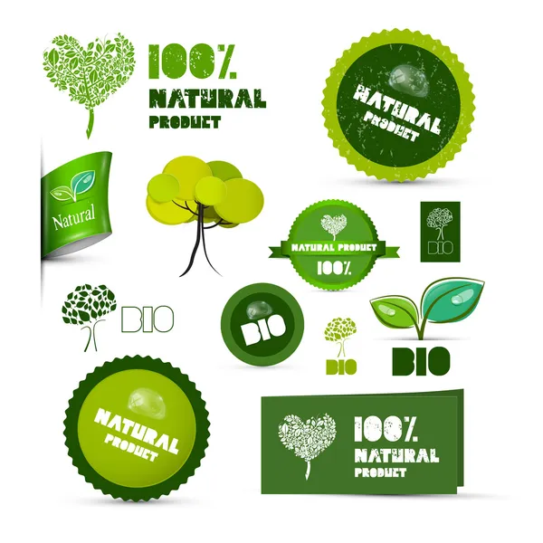 Natural Product Green Labels - Tags - Stickers Set — Stock Vector