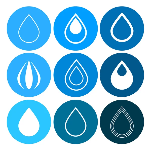 Ícones de gotas de água vetorial definido em círculos azuis — Vetor de Stock