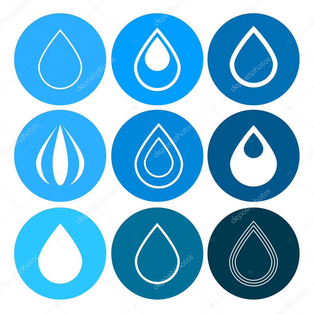 Vector Water Drops Icons Set on Blue Circles