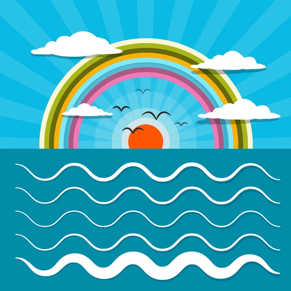 Ocean Abstract Retro Vector Illustration with Sun, Birds, Rainbow — Stock Vector