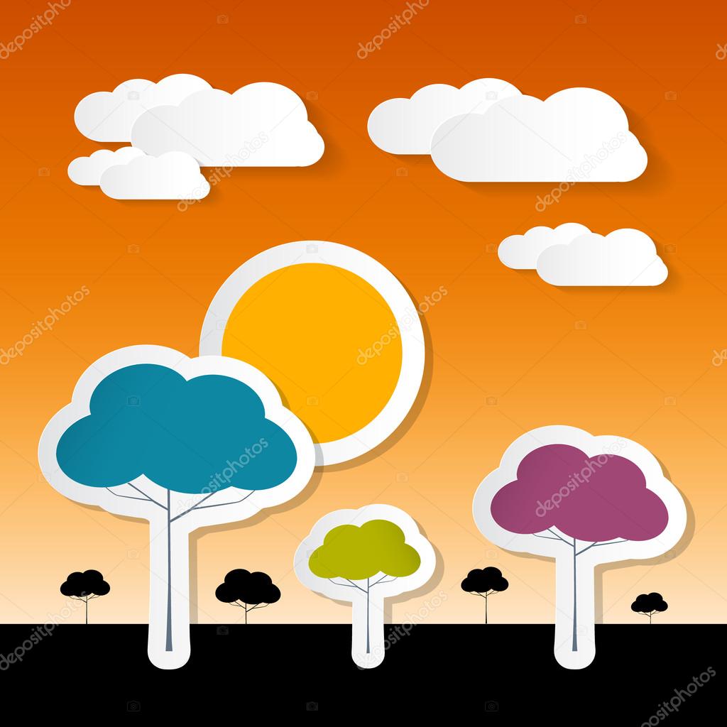 Paper Vector Nature Background with Trees, Clouds and Sun 