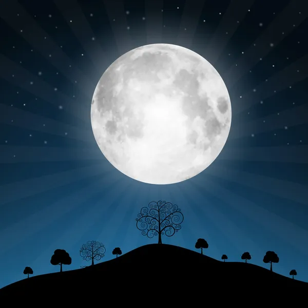 Illustration vectorielle de pleine lune avec étoiles et arbres — Image vectorielle