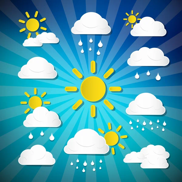 Icone meteo vettoriali - Nuvole, sole, pioggia su sfondo blu retrò — Vettoriale Stock