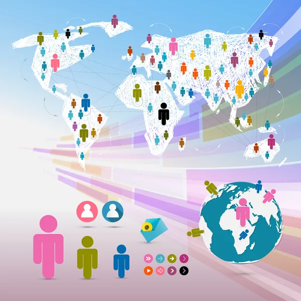 Kağıt Dünya Haritası - sosyal medya bağlantı sembolleri - infographics vektör insanlar — Stok Vektör