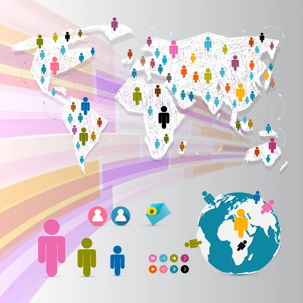 Vector Pessoas no Mapa Mundial do Papel - Símbolos de Conexão de Mídia Social - Infográficos — Vetor de Stock