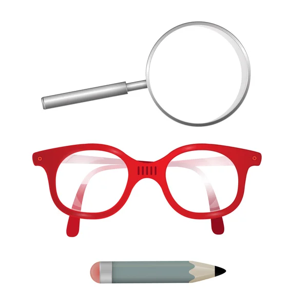 Vektorové brýle, tužky, zvětšovací sklo izolovaných na bílém pozadí — Stockový vektor