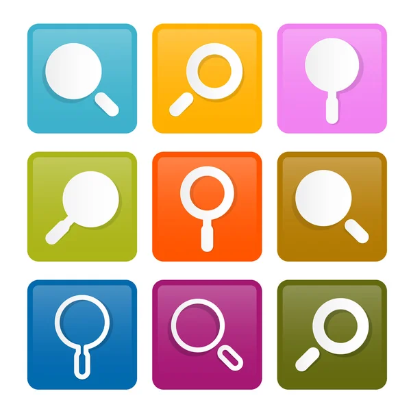 Colorful Magnifying Glass Square Icons Set Isolated on White Background — Stock Vector