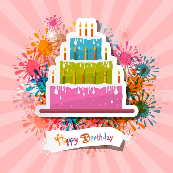 Retro rosa födelsedag bakgrund illustration med tårta — Stock vektor