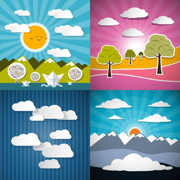 Set de ilustración de papel de naturaleza - Montañas, prado, cielo y río — Vector de stock