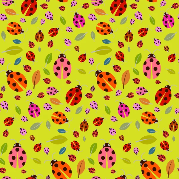 Seamless Pattern with Ladybirds and Leaves on Green Background — Stock Vector