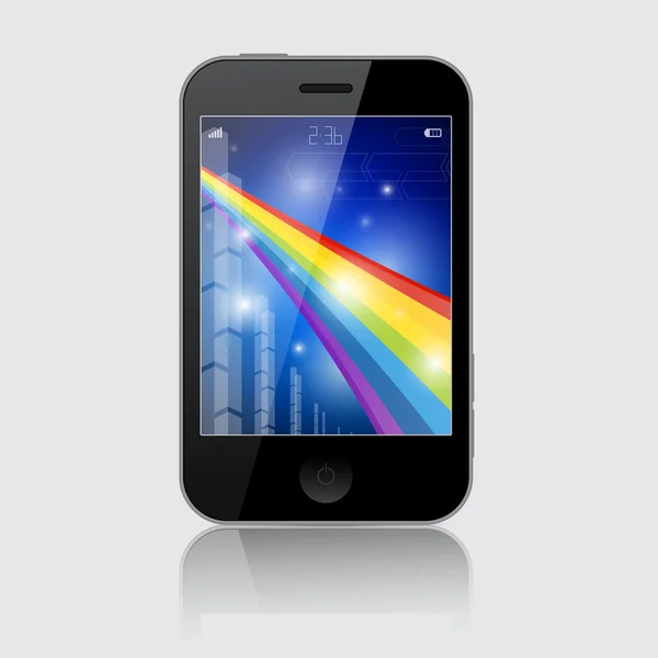 Ilustración del vector del teléfono inteligente con el tema abstracto del arco iris sobre fondo gris — Vector de stock