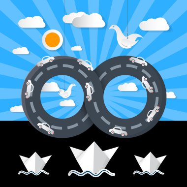 kağıt origami Infinity yol arabalar, okyanus, deniz araçları ve bulutlar