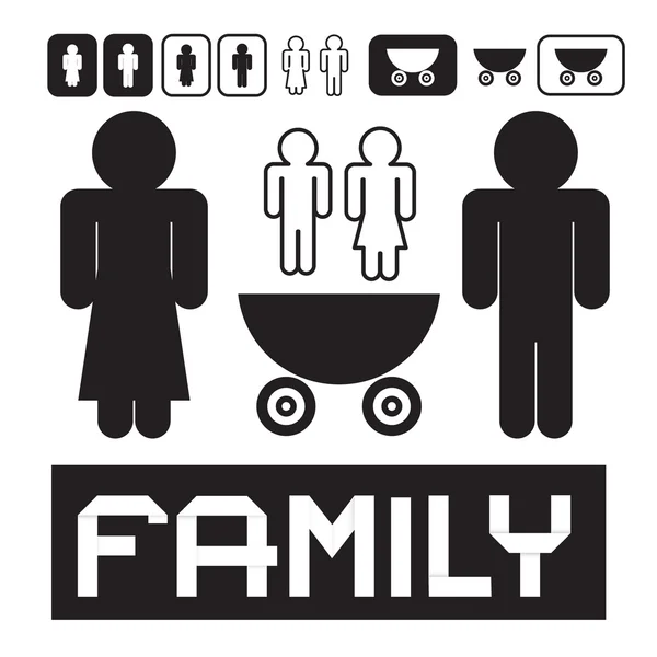 Iconos familiares: hombre, mujer, niños y transporte para bebés — Vector de stock