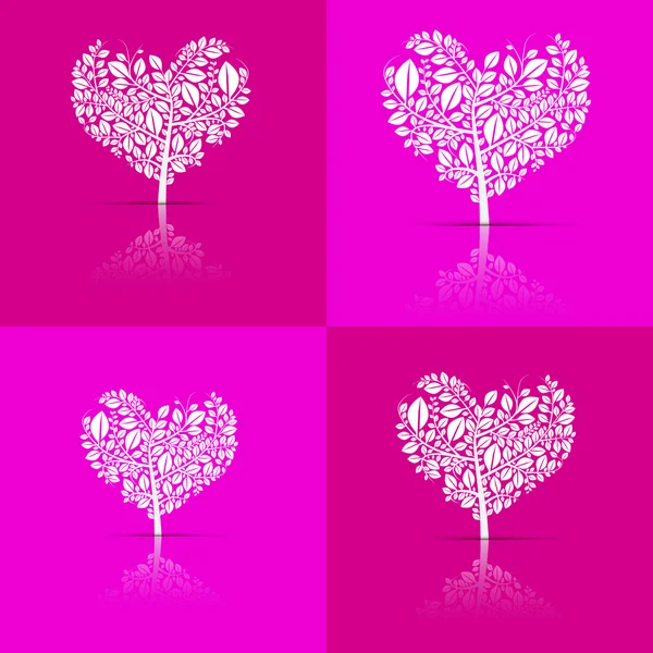 Abstract Vector Heart-Shaped Tree Set on Violet and Pink Background — Stock Vector