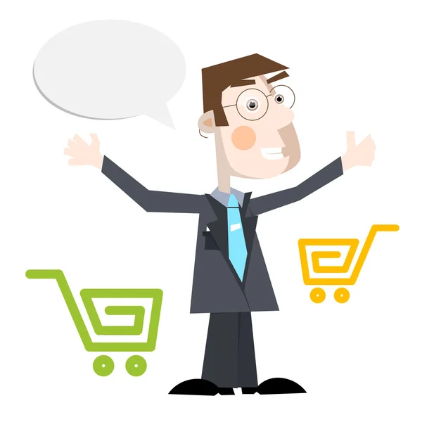 Business Man Vector Illustration With Shopping Carts and Empty Speech Bubble — Stock Vector