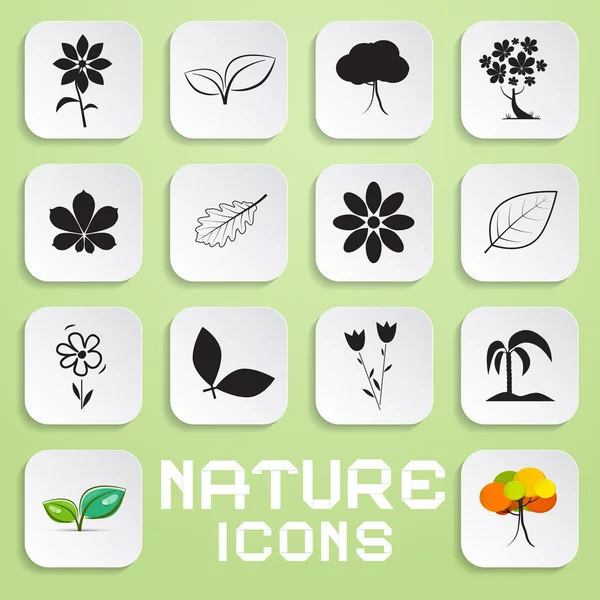Çiçekler, yapraklar ve ağaçlar sembolleri ile Doğa kağıt vector Icons set — Stok Vektör
