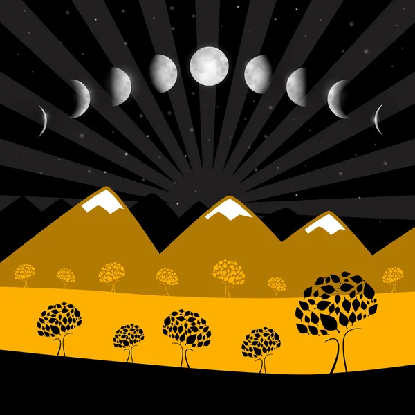 Moon Phases - Night Landscape with Trees — Stock Vector