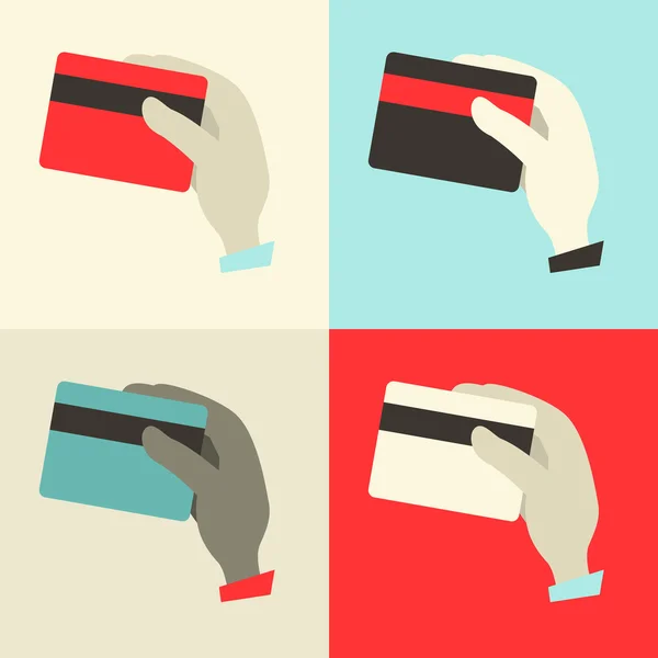 Επίπεδη σχεδίαση χέρια με πιστωτικές κάρτες εικονογράφηση φορέα που — Διανυσματικό Αρχείο