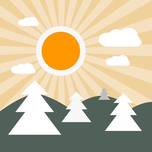 Flache Gestaltung Naturlandschaft Illustration mit Sonne, Hügeln und Bäumen — Stockvektor