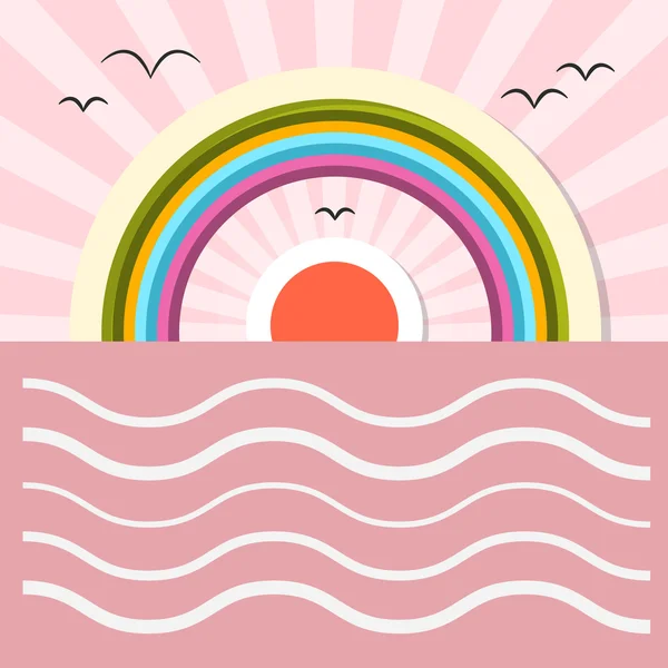 Meer abstrakte Retro-Illustration mit Sonne, Vögeln, Regenbogen — Stockvektor