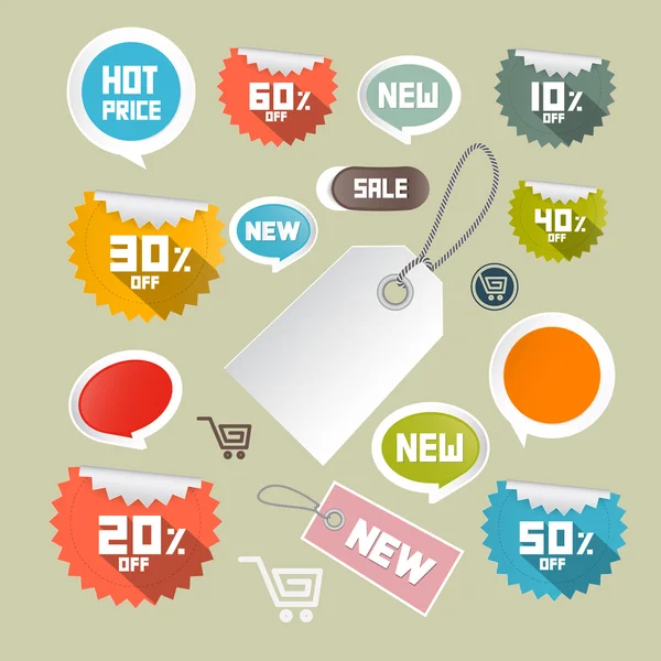 Vector Set of Colorful Retro Paper Discount Labels, Tags — Stock Vector