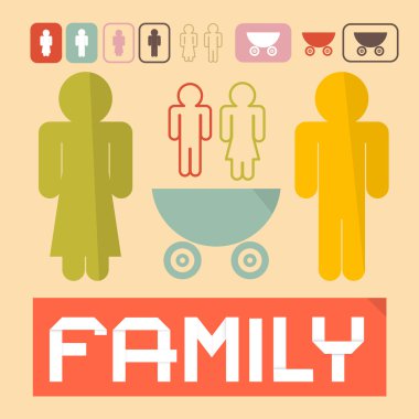 Aile simgeleri - erkek, kadın, çocuk ve bebek arabası