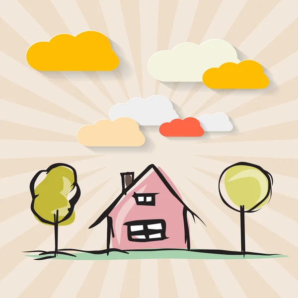 Casa dibujada a mano con árboles y nubes de papel sobre fondo retro — Vector de stock