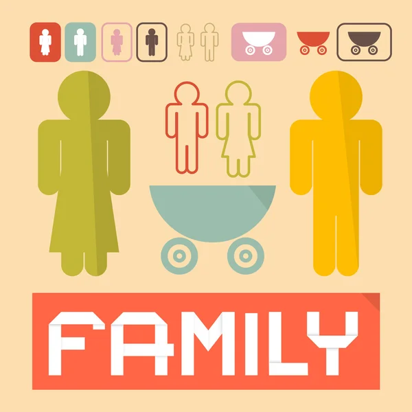 Iconos familiares: hombre, mujer, niños y transporte para bebés — Vector de stock