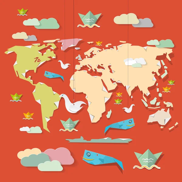 Illustration de carte du monde vectorielle papier rétro sur fond rouge — Image vectorielle