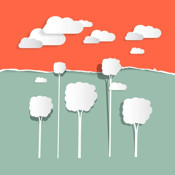 Nuvole e alberi di carta - Illustrazione della natura — Vettoriale Stock