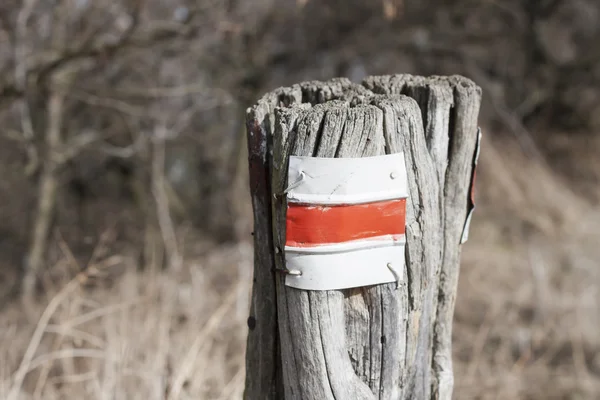 Ahşap oturum açma çayır yerleştirilen kırmızı turist işaret — Stok fotoğraf