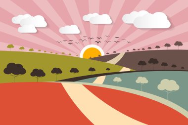 sabah - akşam kırsal kağıt vektör manzara arka plan ağaç bulutlar ile
