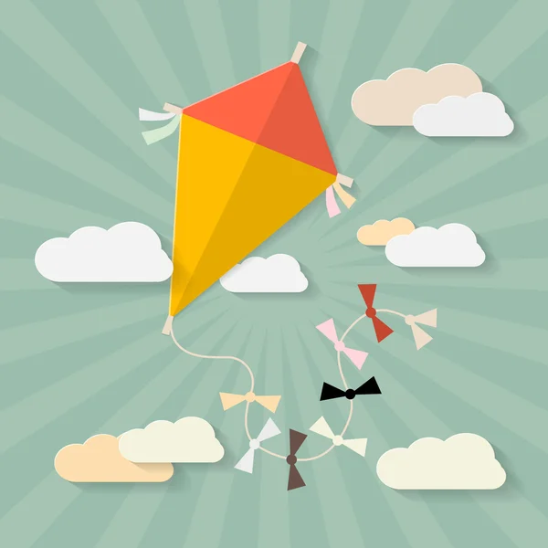 Retro vector papier kite op hemel met wolken illustratie — Stockvector