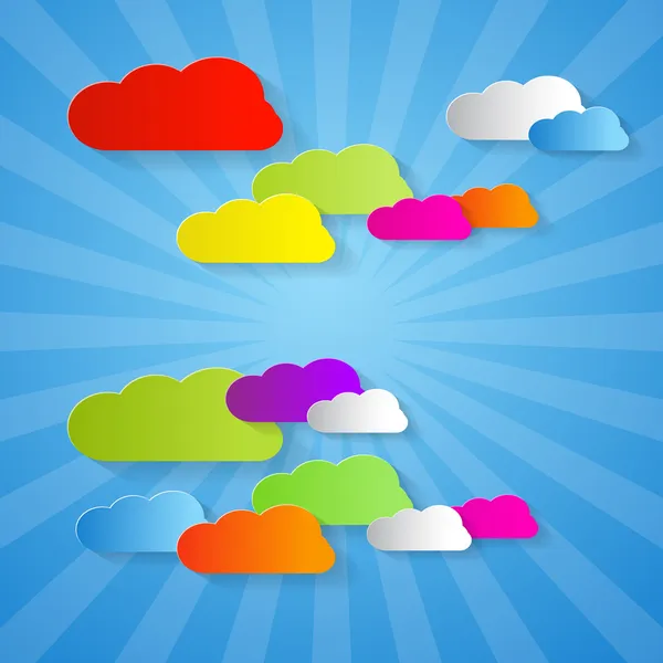 Nuvens de papel cortadas coloridas no fundo azul — Vetor de Stock