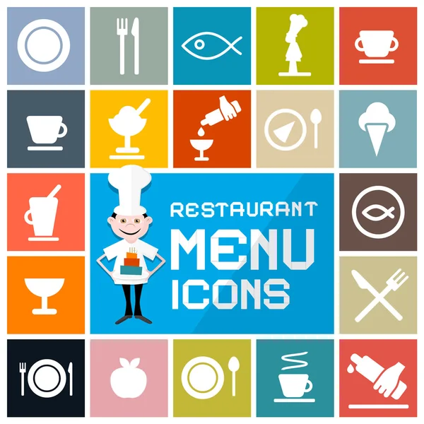 Conjunto de ícones de menu de restaurante vetorial de design plano colorido — Vetor de Stock