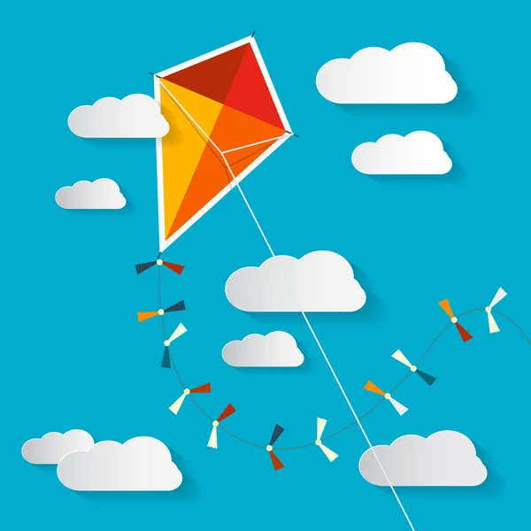 Vector papier kite op blauwe hemel met wolken illustratie — Stockvector