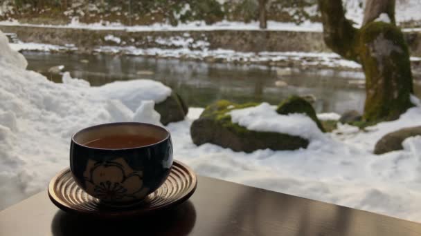 雪と川の背景を持つ熱い緑茶のカップ. — ストック動画
