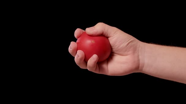 Mannelijke hand verpletterende verse rode tomaat en bloot alle zaden sap en vlees in de gezonde groente. Knijpen sap van tomaat op studio geïsoleerde zwarte achtergrond. Sluit maar af. Langzame beweging. — Stockvideo