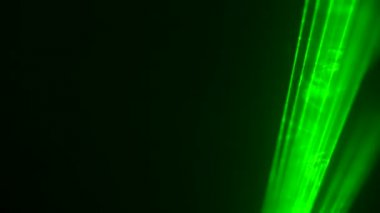 Siyah stüdyo arka planında renkli yeşil neon lazer ışıkları dumanlar içinde dönüyor. Lazer hologramlar döner ve ışık yayar. Tasarım için ışık efektleri, sahne aydınlatma, gösteri, disko. Kapat..