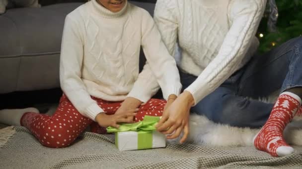 Retrato da mãe afro-americana e da filha a amarrar um laço numa caixa de presente. Mulher e menina sentados perto do sofá e árvore de Natal decorada. Fecha. Movimento lento. — Vídeo de Stock