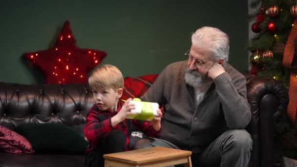 축제를 벌이는 붉은 플 래드 셔츠를 입은 소년이 뜻밖의 일을 예상하고 선물 상자를 흔들고 있다. 할아버지와 손자는 밝은 크리스마스 트리 근처 장식이 된 방에 소파에 앉아 있다. 느린 동작. — 비디오