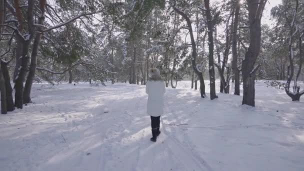 Back view of girl in winter down coat walks along path in snowy winter forest. Young woman looks around and admires nature. There is lot of snow in forest. Snowy winter. Sunny frosty day. Slow motion. — Stock Video