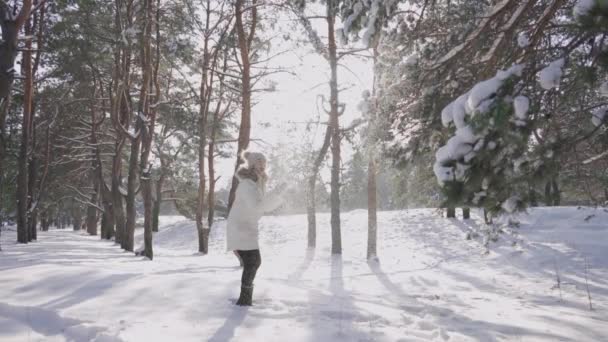 小女孩把雪收集在手里扔了起来.白毛雪在太阳光中闪闪发光.晴天,妇女在雪地松林里玩雪.美丽的冬季自然。慢动作. — 图库视频影像