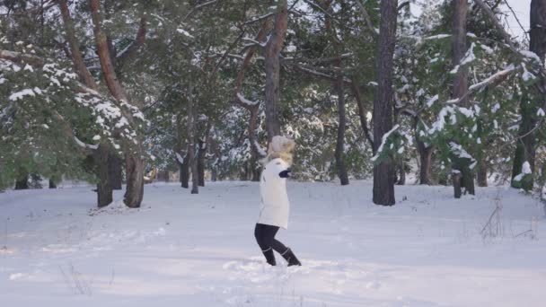Gelukkig schattig meisje in warme winterkleding springen, plezier hebben en gooien sneeuw. Snowy winterplezier in frisse ijzige lucht op zonnige dag. Prachtige achtergrond van besneeuwde natuur in dennenbos. Langzame beweging. — Stockvideo
