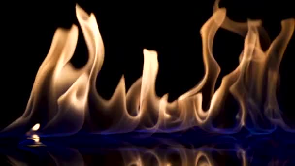 Falling match causes flames to ignite against black studio background. Combustion flammable liquid close up. Spot of gasoline ignites with flash and burns with blue yellow light in dark in slow motion — Stock Video